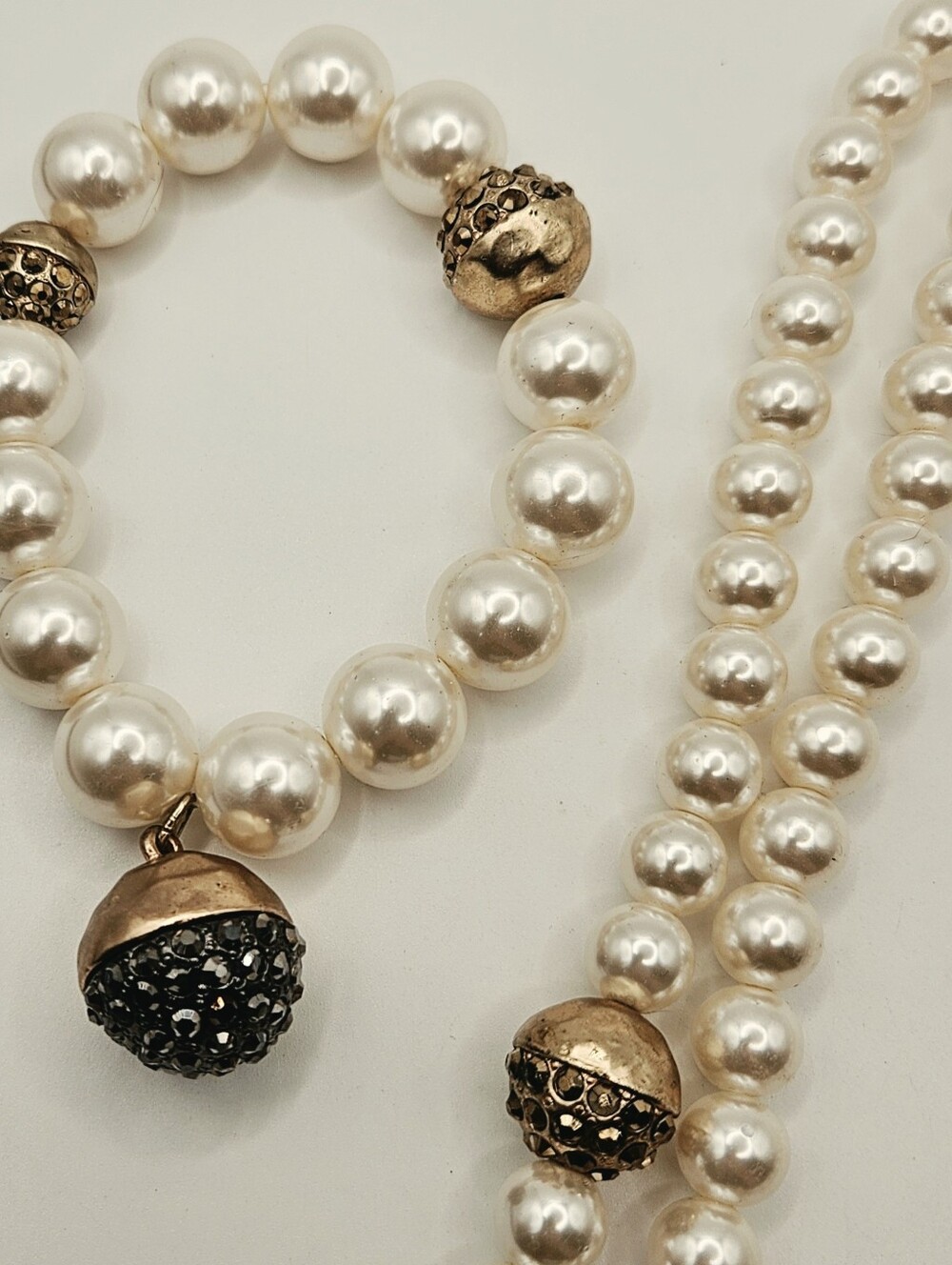 Chicos Faux Pearl Necklace Bracelet Set Pave Rhinestone Disco Ball 21" - Picture 3 of 10